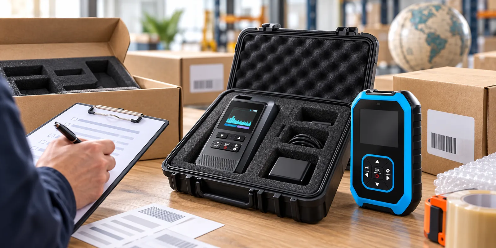 Handheld radiation detectors prepared in protective packaging for a B2B order