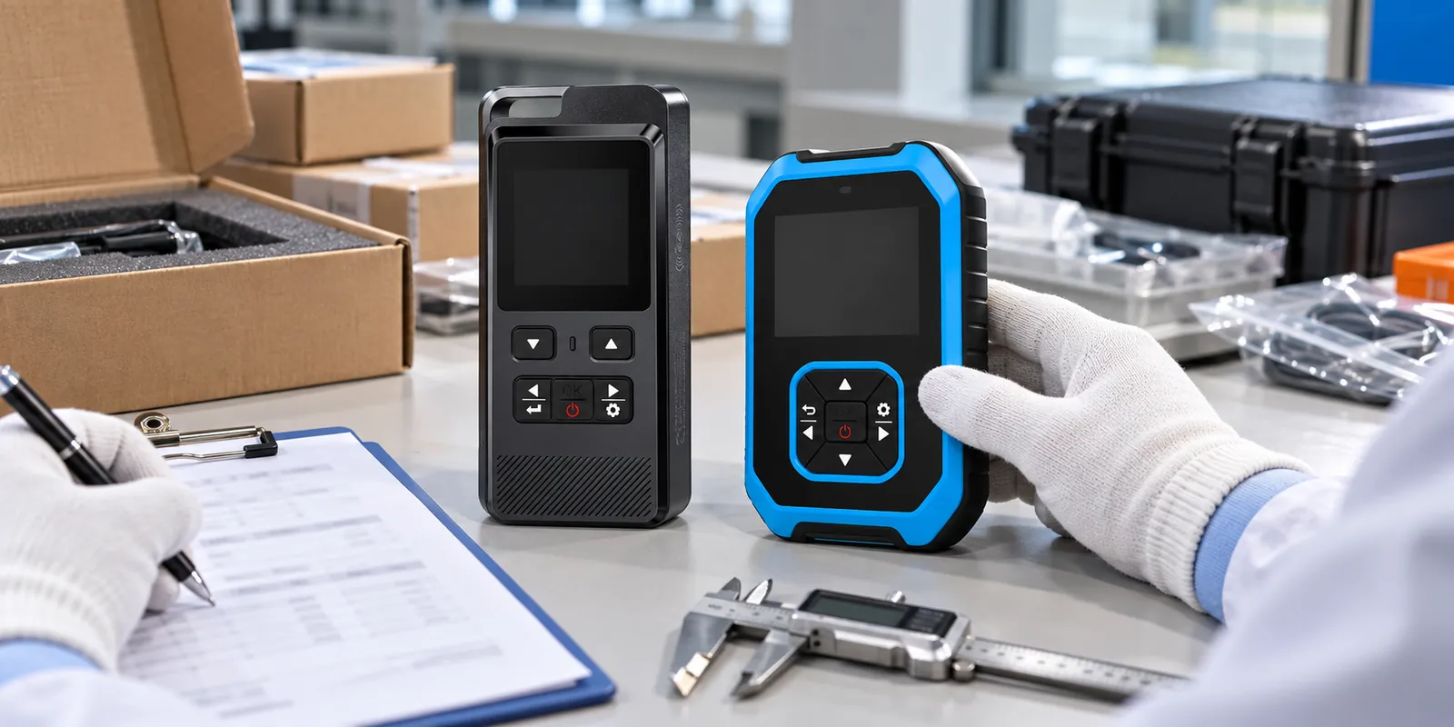Two handheld radiation detectors being reviewed with packaging and technical documents