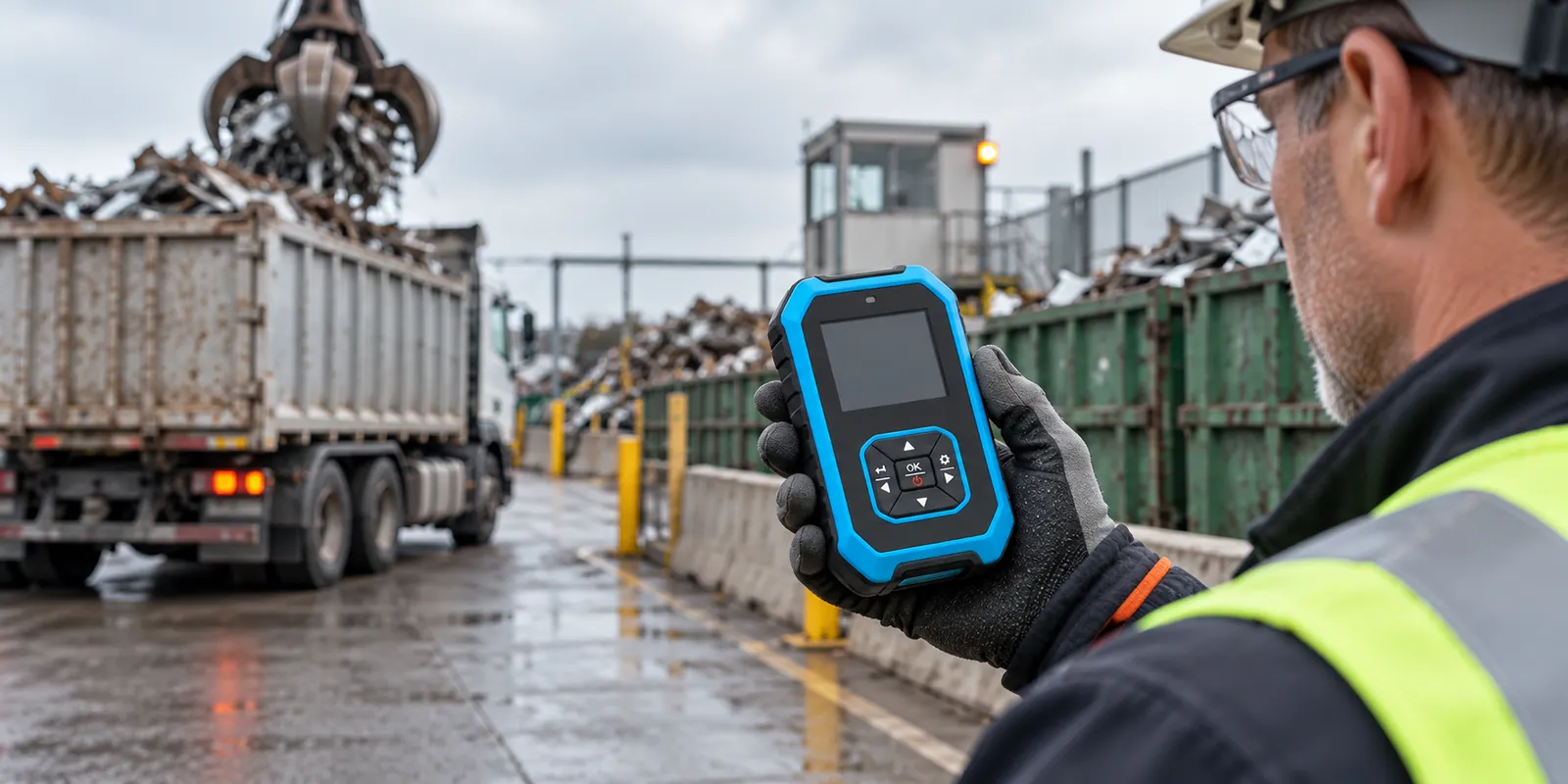 Safety professional using a handheld radiation detector at a scrap metal recycling facility